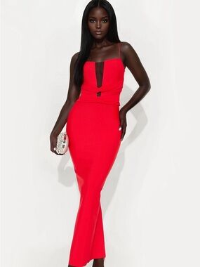 Fashion Nova Red Strappy Plunge Maxi Dress